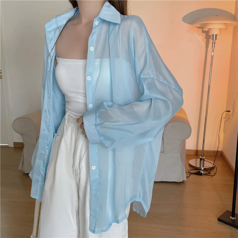Semi Sheer Long Sleeve Shirt for Women Shimmer Button Down Collared Plain Lightweight Shirt Spring Summer Chic Tops Outfit Blue One Size