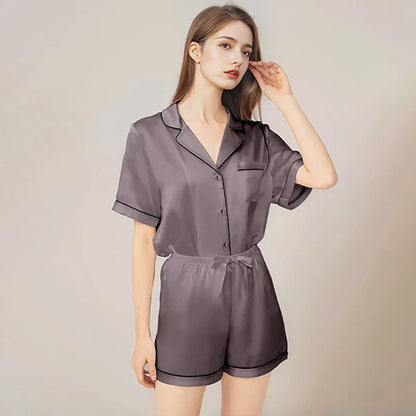 100% Real Mulberry Silk Womens Pajamas Set Sleepwear Pjs Button Down Short Sleeve Shirt Top and Shorts Loungewear 2 Piece M-4XL Taupe CHINA