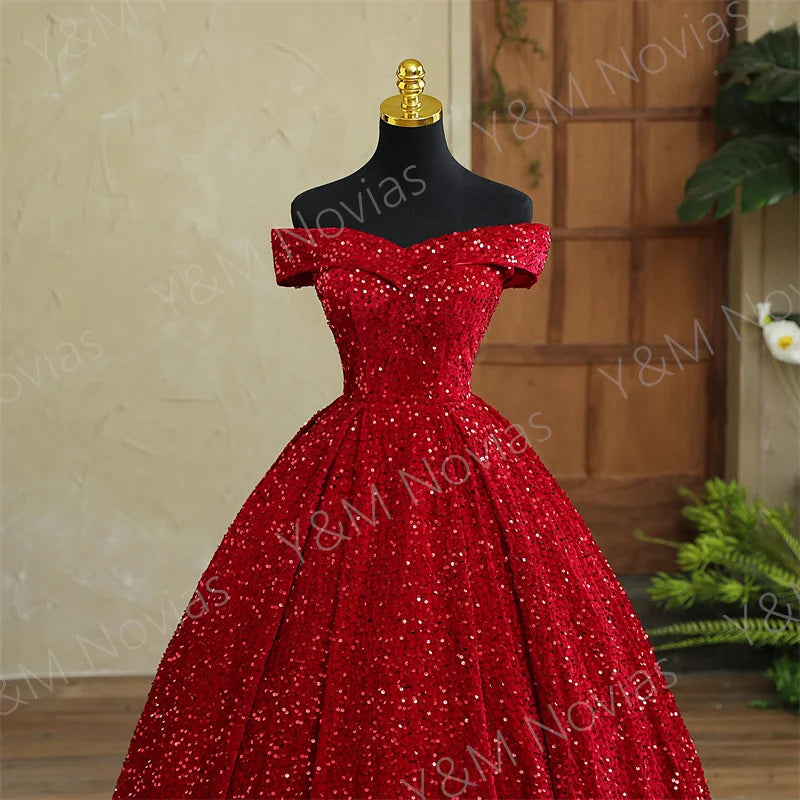 Y&M Novias Custom Plus Size Luxury Sequins Bow Off Shoulder Dark Red Quinceanera Dresses 15 Ball Gown For Party Vestido De Noiva Badiee Stylez