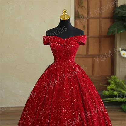 Y&M Novias Custom Plus Size Luxury Sequins Bow Off Shoulder Dark Red Quinceanera Dresses 15 Ball Gown For Party Vestido De Noiva Badiee Stylez