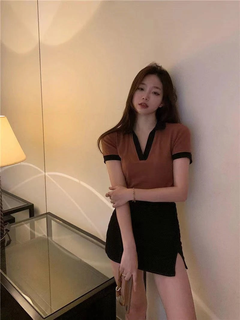 Summer Fashion Y2K T-shirt Woman Patchwork Polo Tee Shirt Femme Sexy OL Clothes Women Short Sleeve V-neck Tshirts Tops