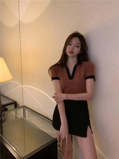 Summer Fashion Y2K T-shirt Woman Patchwork Polo Tee Shirt Femme Sexy OL Clothes Women Short Sleeve V-neck Tshirts Tops