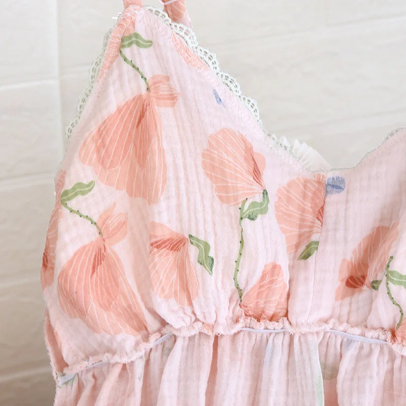 2025 New Summer Women's Pajama Set 100% Cotton Suspenders+Shorts with Chest Pads Two Piece Set of Ladies Flower Home Furnishings