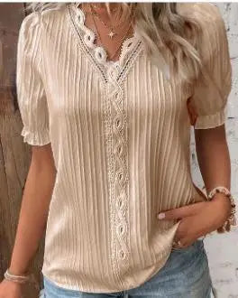 Sexy V Neck Patchwork Blouse Shirts Summer Female Short Lantern Sleeve Holiday Loose Blouse Tops SZE-ST23053 Apricot