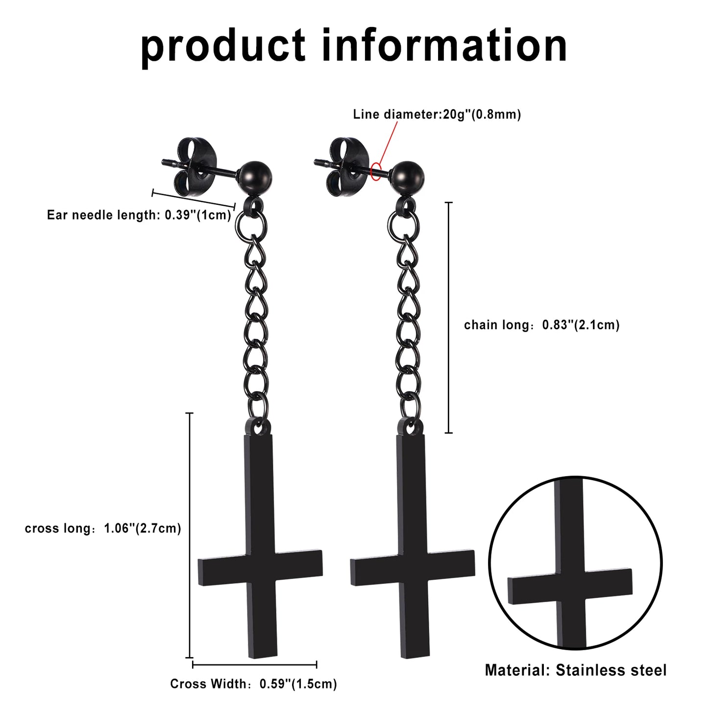 BONISKISS Men Women Stainless Steel Inverted Upside Down Cross Earring Church of Satan Temple Occult Satanic Witchy Stud Jewelry
