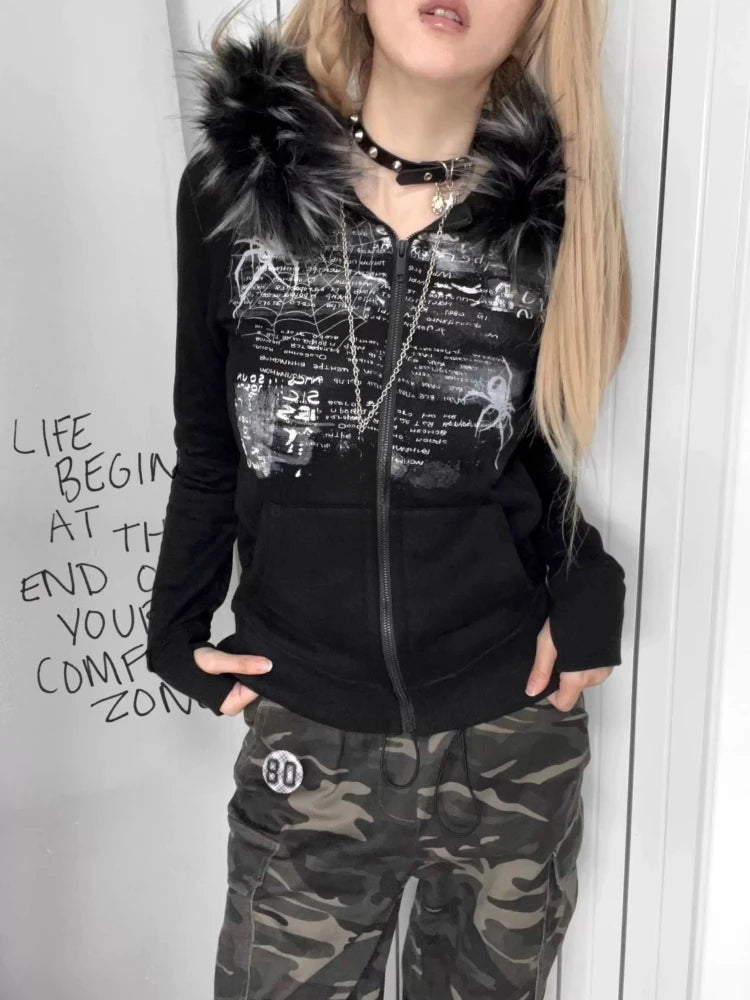 Y2k Fur Patchwork Grunge Hoodies Women Streetwear Vintage Harajuku Gothic Print Hooded Sweatshirt Coat Aesthetic Slim Jacket