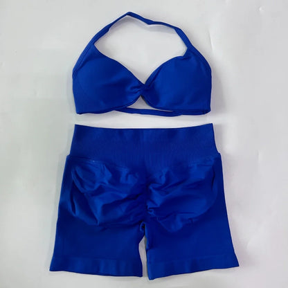 NO LOGO 2PCS Gym Set Women Strappy Yoga Bra Top High Waist Workout Scrunch Shorts Sports Suit Seamless Yoga Set Fitness Clothes Badiee Stylez