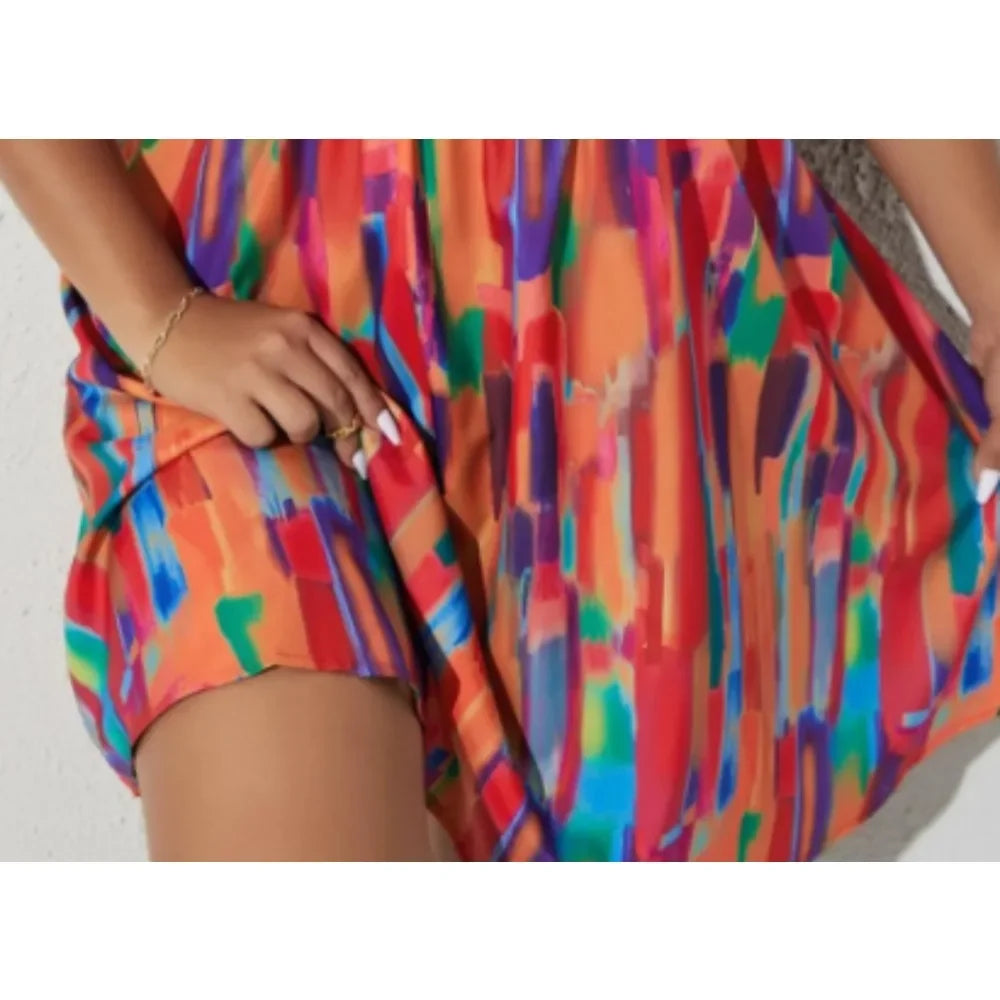 Plus Size Women Spring and Summer Dress Brush Casual Sleeveless Print Puff Sleeve A Line Dress