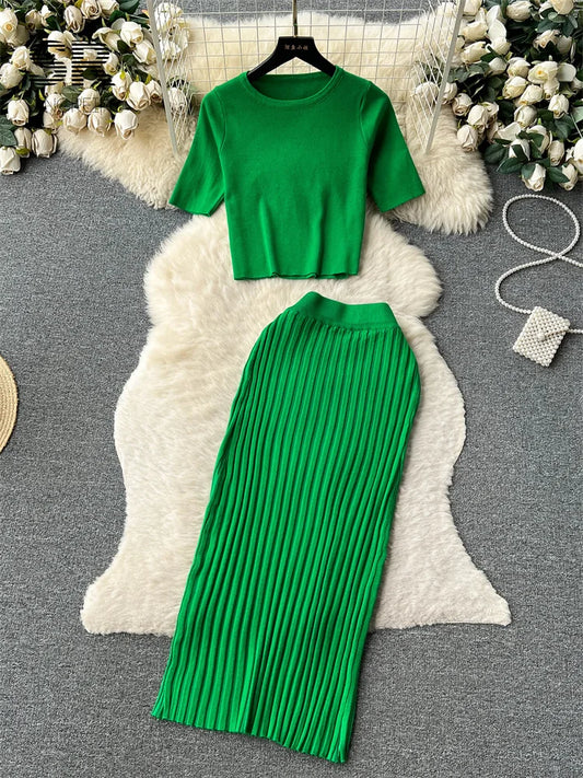 SINGREINY Casual Two Piece Sets Women Summer O Neck Top Elastic Waist Long Skirt Fashion Office Lady Korean Knit Suit green One Size