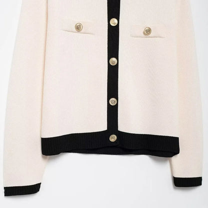 TRZA-Women's Knitted Cardigan Sweater with Golden Buttons, O-Neck, Long Sleeve, Female Outerwear, Chic Tops, Fashion