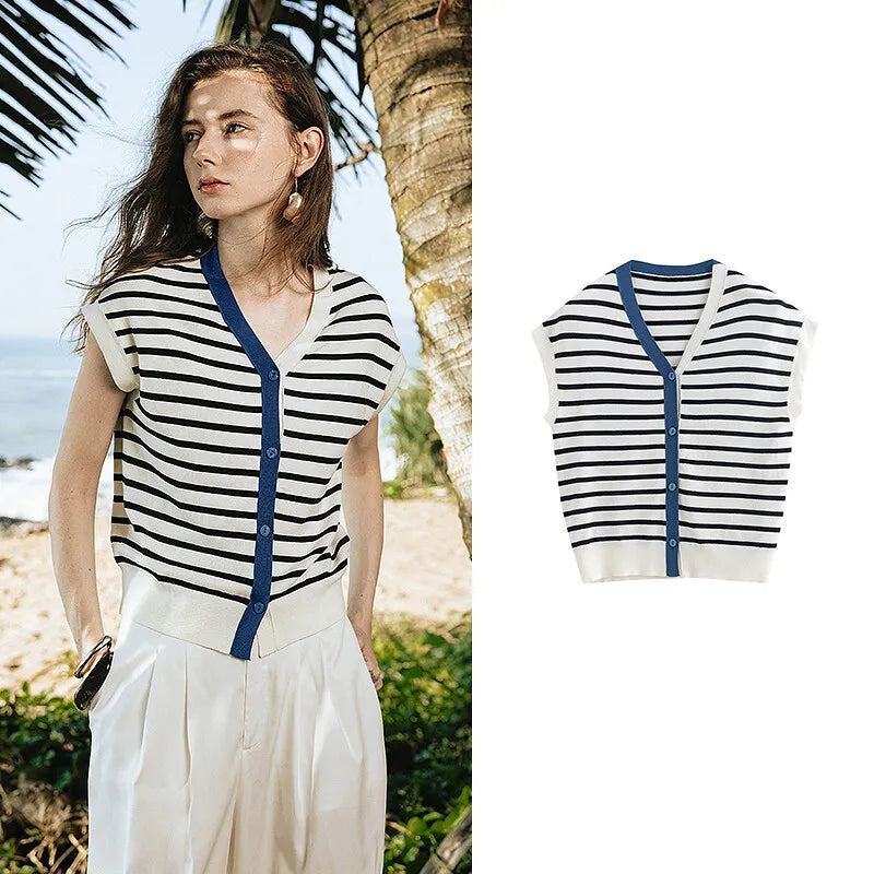 TOYOUTH Women Knitwear 2025 Summer New Short Sleeve Striped Contrast Color Pullover Tops 8523018 White