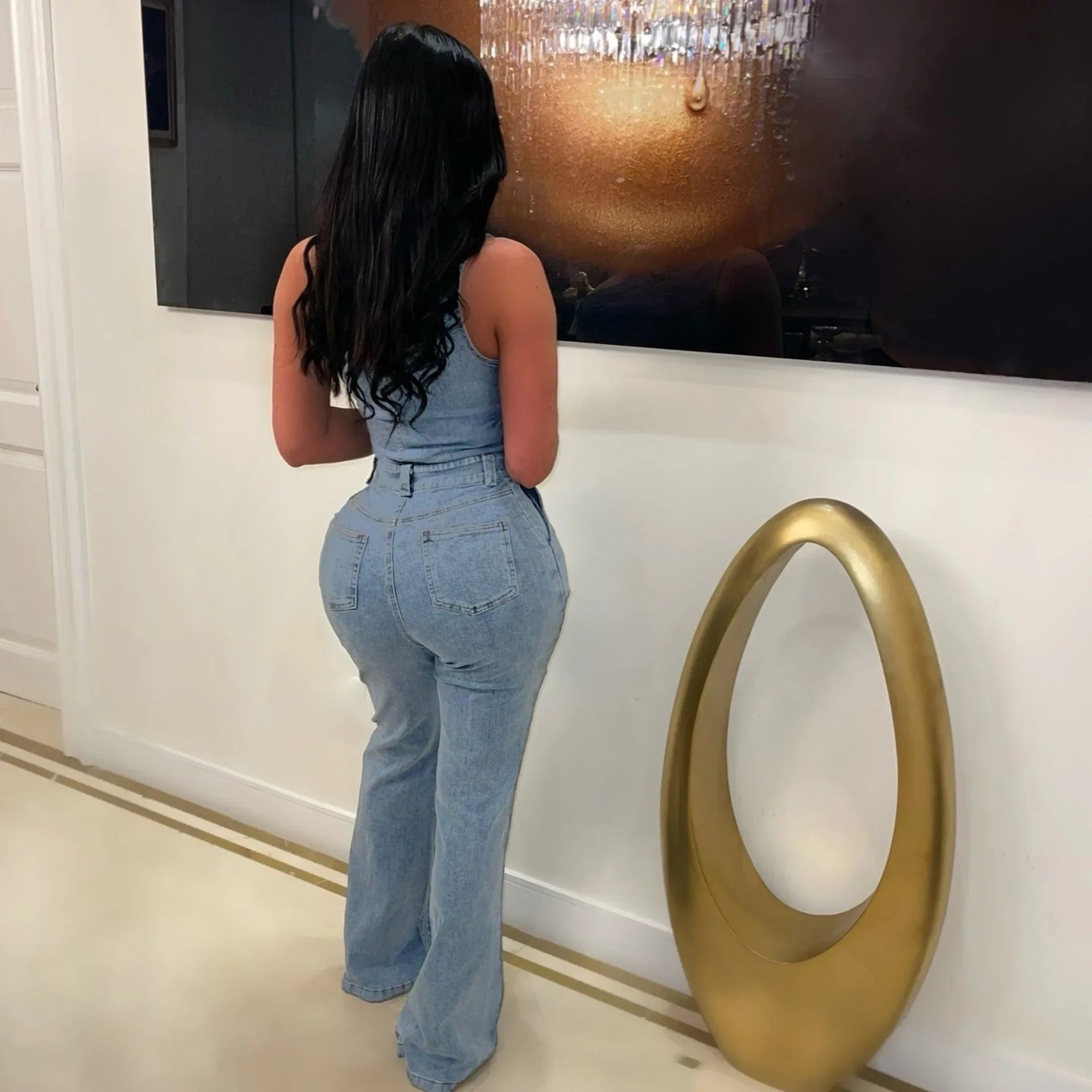 Flare Denim Pants Full Length Women Jeans One Piece Overalls Spliced Solid Jumpsuits Loose Pockets High Waist Basics Washed