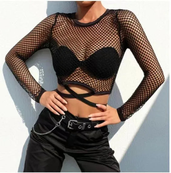 Sexy Grid Hollow Out Cross Strap Bare Midriff T Shirt Women Long Sleeves Bottoming Shirt Ladies Tee Shirt Tops Camisetas Mujer black