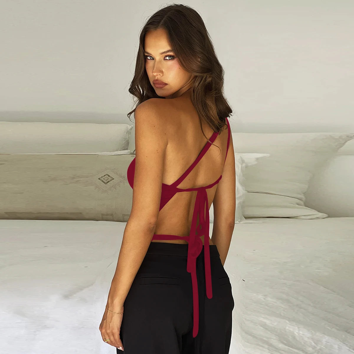Sexy One Shoulder Off the Shoulder the Back Small Top 2024 Summer Solid Color Irregular Lace up Short Top