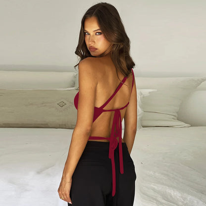 Sexy One Shoulder Off the Shoulder the Back Small Top 2024 Summer Solid Color Irregular Lace up Short Top