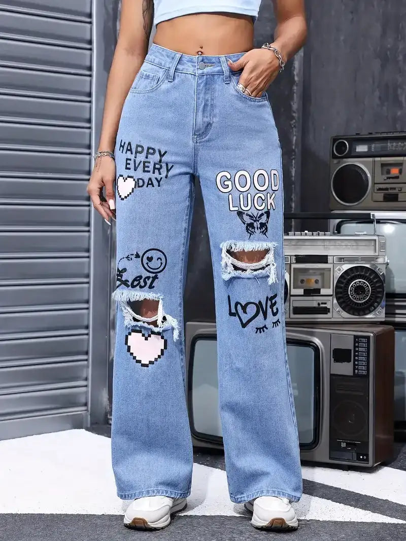 Women's High Waist Button Up Butterfly Print Jeans Fashion Casual Straight Pants for Women Spring Summer 2024 Chic Ripped Jeans