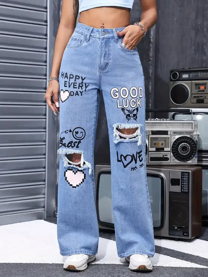 Women's High Waist Button Up Butterfly Print Jeans Fashion Casual Straight Pants for Women Spring Summer 2024 Chic Ripped Jeans