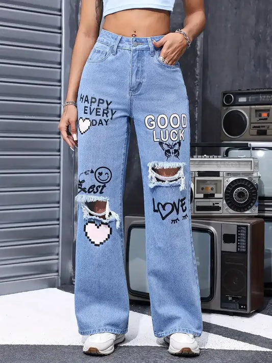 Women's High Waist Button Up Butterfly Print Jeans Fashion Casual Straight Pants for Women Spring Summer 2024 Chic Ripped Jeans