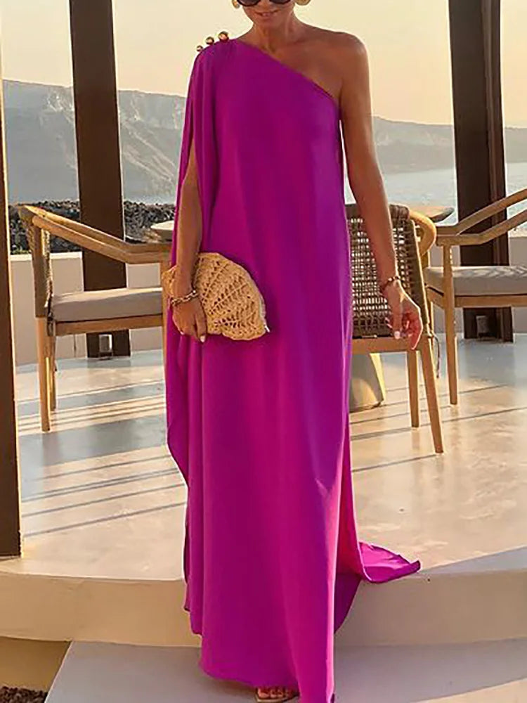Patchwork Inclined shoulder Fashion Party Dress, Women Summer Beach Elegant Maxi Dress, 2024 Casual Diagonal Collar Ladies Dress