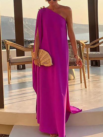 Patchwork Inclined shoulder Fashion Party Dress, Women Summer Beach Elegant Maxi Dress, 2024 Casual Diagonal Collar Ladies Dress