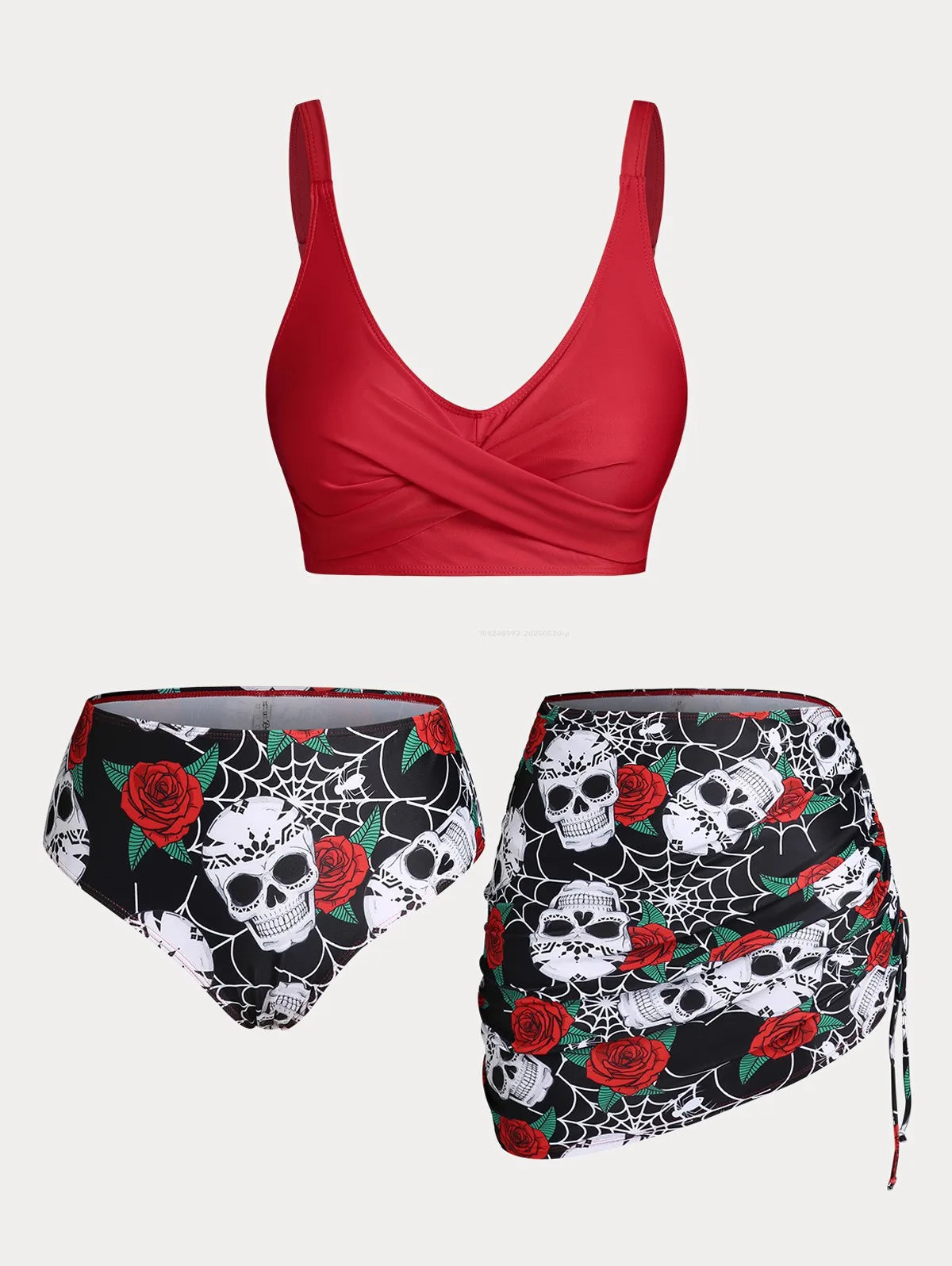 ROSEGAL Plus Size Women's Plus Size & Curve Skull Rose Print Crossover Three Piece Bikini Swimsuits Multi