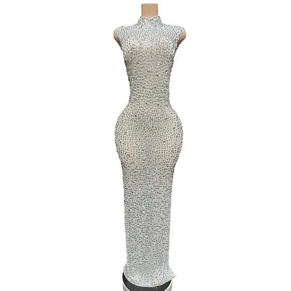 Sexy Full Drill Elastic Slim Fit Sleeveless Long Dress - Hip Wrap, For Host Stage Catwalk & Engagement Evening High-Slit Dresses Badiee Stylez