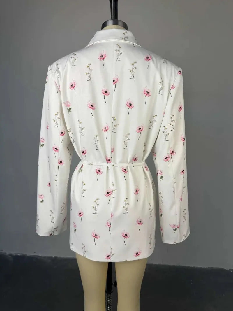Women's Flower Printed Loose Suit 2025 Spring/Summer New Fashion Collar Belted Waist - Cinching Suit Jacket