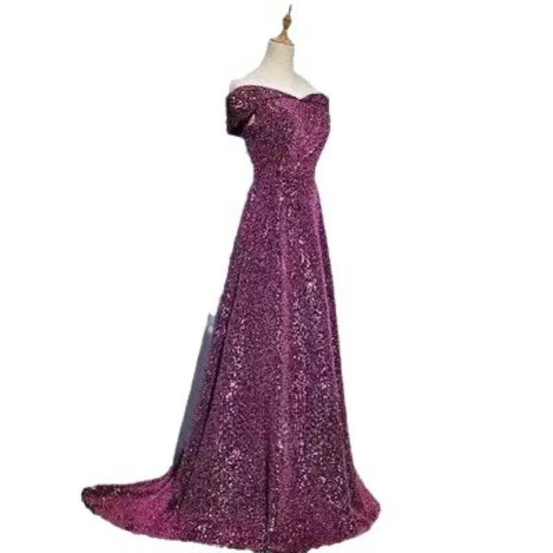 2025 New Women's Sparkling Purple Skirt One Shoulder Small Tail Evening Dress Fashionable Slimming Banquet Host Dress Badiee Stylez