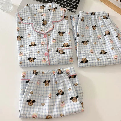 Summer Cloud Cotton Spwear Set Women's ort Sve Long Pants Home Clothes Cartoon Print Comfortable Breathable Nightgown Cz three-piece setPlaid dog