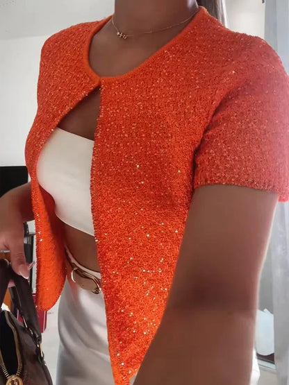 Elegant Sequined Orange Cardigans Women Y2k O-neck Short Sleeve One Button Female Tops 2025 Street Summer Lady Chic Knitwear