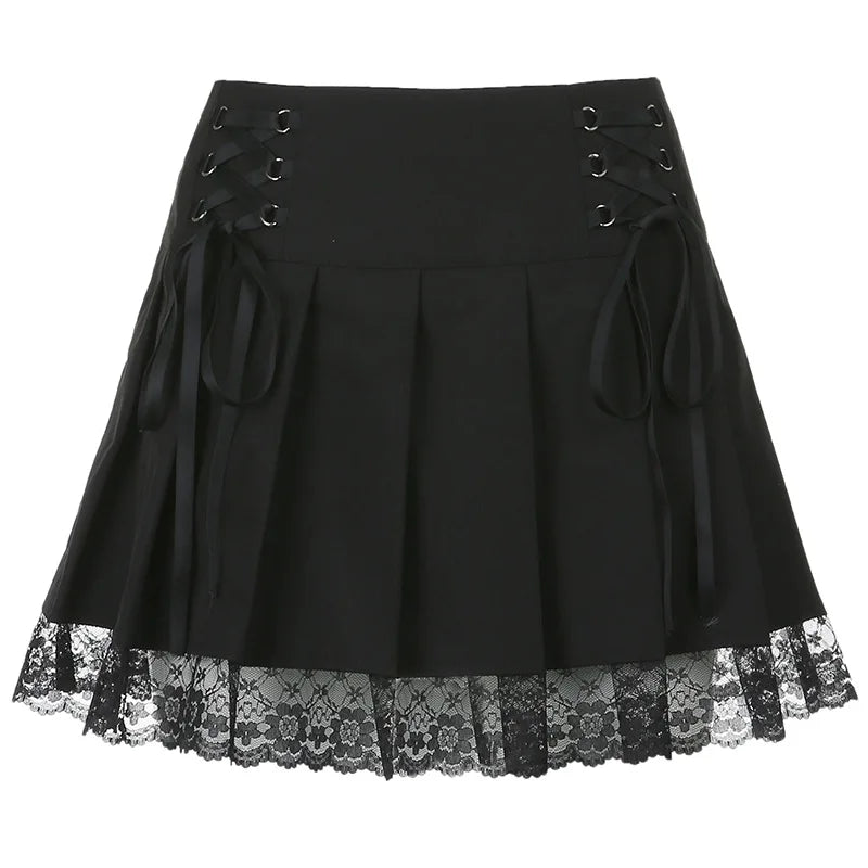 Girl Retro Pleated Skirt Lace Up High Waist Plaid Mesh Stitching Hem Y2K Aesthetic Gothic Black Mini Skirts Bodycon 2915