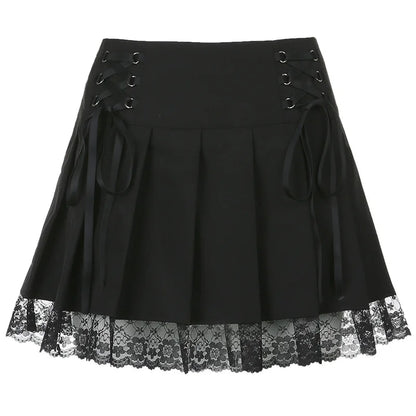 Girl Retro Pleated Skirt Lace Up High Waist Plaid Mesh Stitching Hem Y2K Aesthetic Gothic Black Mini Skirts Bodycon 2915