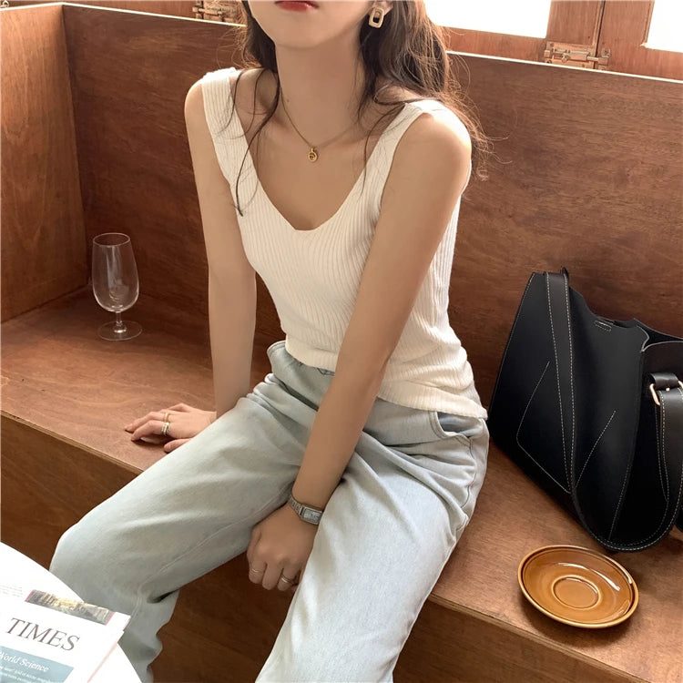 Solid Color Basic Women's Vest Tank Top Solid Color Knitted Tees Top Cropped Top Camisole Sweater V-neck Summer Sleeveless