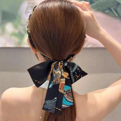 Retro Silk Scarf Headband Floral Print Pearl Braided Hairband Adjustable Bow Non Slip Ribbon Hairband for Women Girls Kid