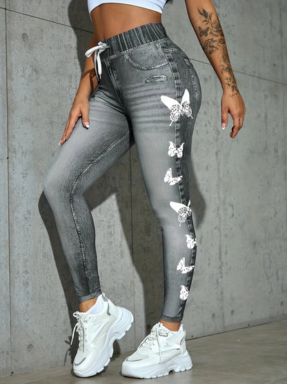 Imitation denim butterfly printed tight base trousers - high-waisted slim leggings - suitable for all seasons of women's outfits Badiee Stylez