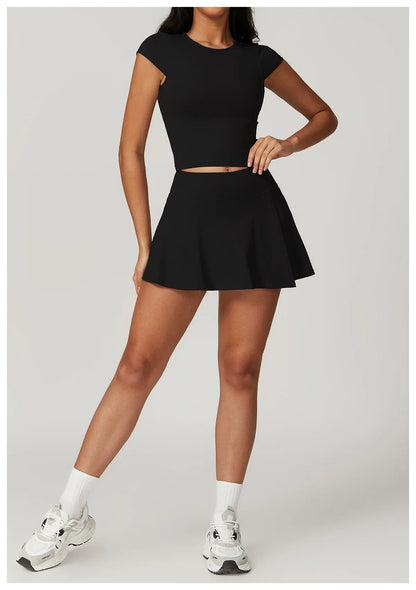 Custom LOGO women's beautiful back tight yoga set quick-drying high waist hip lift running fitness sports skirt 2-piece set