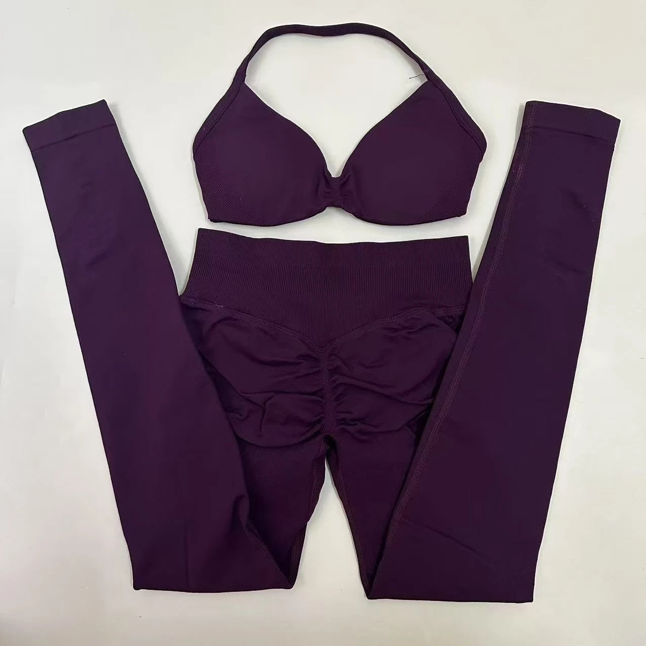 No Logo Seamless Yoga Set Women Workout Scrunch Leggings Set Strappy Halter Sports Bra Fitness Gym Clothing Workout Set 2 Pieces Badiee Stylez