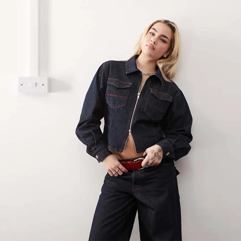 Lapel Zipper Denim Jackets Pants Sets Women Casual Pockets Short Jackets Suit With High Waist Jeans Lady Chic High Street Outfit jackets