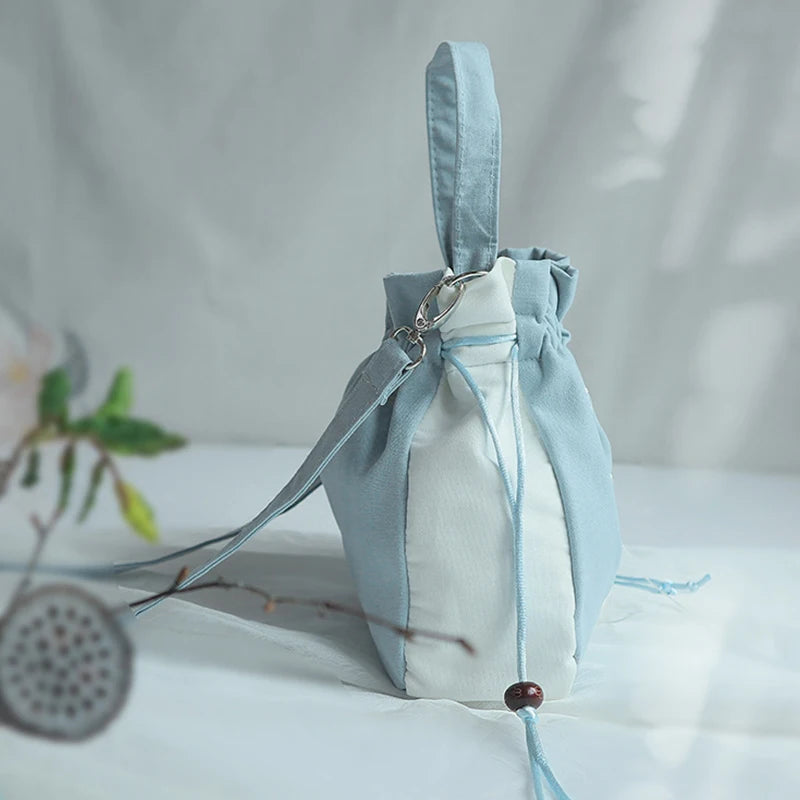 Chinese Style Women's Drawstring Bag Vintage Flower Embroidery Hanfu Handbag Street Fashion Girls Bucket Shape Shoulder Bag