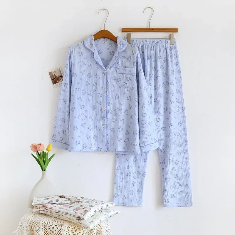 New large size pajamas women cotton crepe home service cotton long sleeve trousers suit simple and comfortable summer and autumn 22