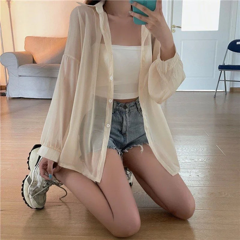 Xpqbb Women's White Chiffon Shirt Sheer Thin Long Sleeve Sun Protection Blouse Woman Casual Loose Simple Single-breasted Shirts