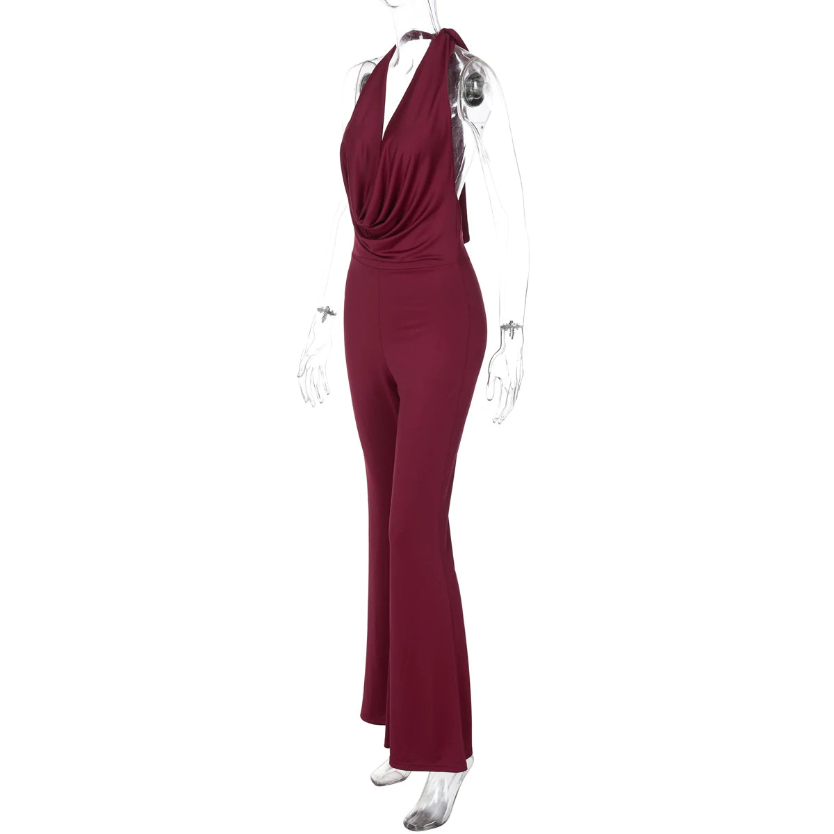 Dulzura Summer Solid Sexy Halter Swinging Collar Backless Slim Lace Up Flared Jumpsuit Women'S Fashion Elegant Party Club Romper Badiee Stylez