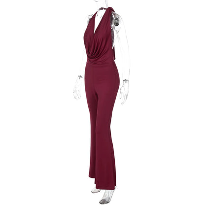 Dulzura Summer Solid Sexy Halter Swinging Collar Backless Slim Lace Up Flared Jumpsuit Women'S Fashion Elegant Party Club Romper Badiee Stylez