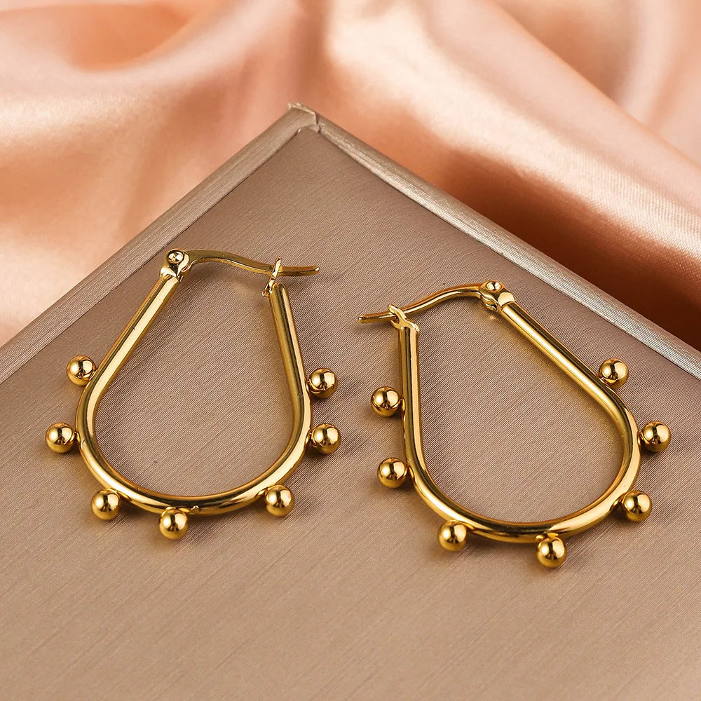 Stainless Steel Women's Hoop Earrings, Non Fading Fashionable Gold Color Metal Bead Earrings, Classic Jewelry Accessories
