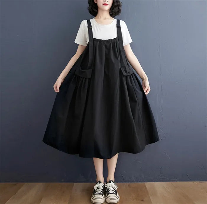 Female Dress Summer Mid-Length Loose Solid Color Pocket Swing Chic Casual Straps Dresses New Women Dress Vestidos Selling