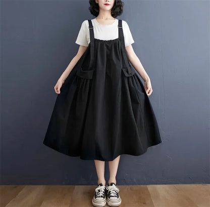 Female Dress Summer Mid-Length Loose Solid Color Pocket Swing Chic Casual Straps Dresses New Women Dress Vestidos Selling
