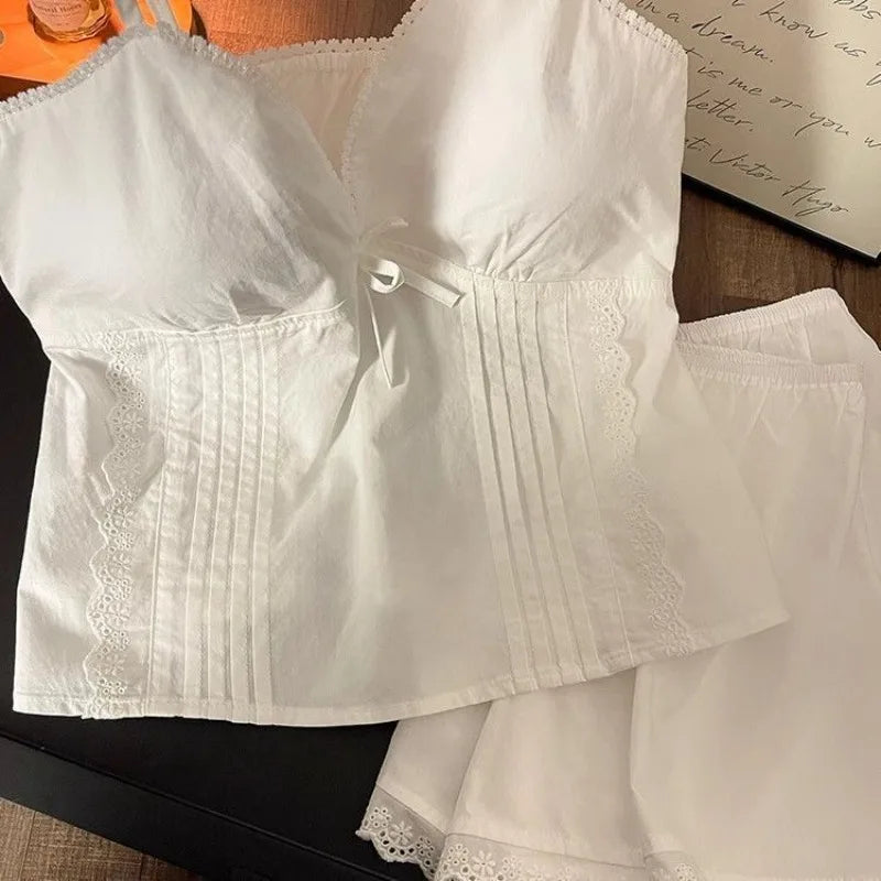 Lace Sleepwear Women Pajama Sets Spaghetti Strap Piiama Shorts Sets 2 Pieces Korean Night Wears Summer Cute White Home Suit 2025