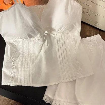 Lace Sleepwear Women Pajama Sets Spaghetti Strap Piiama Shorts Sets 2 Pieces Korean Night Wears Summer Cute White Home Suit 2025