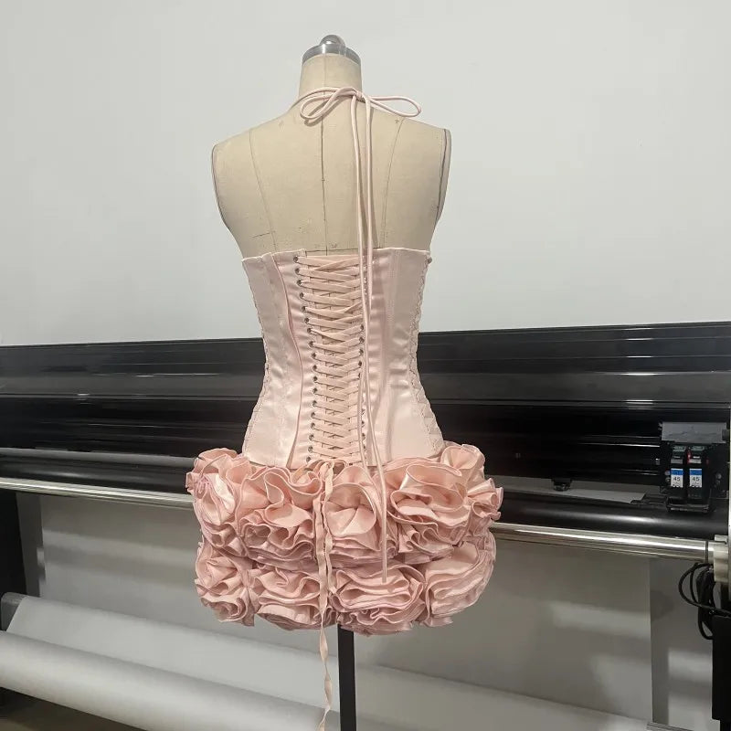 Pink Prom Dress Strapless Pink Structured Top With Floral Embellished Mini Skirt Bodycon Celebrity Party Cocktail 2 Pieces Set