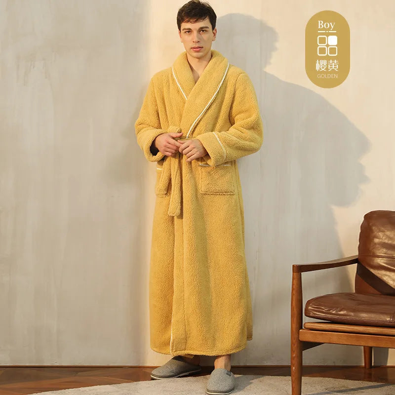 Men's Winter Bathrobe Long Sleeve Warm Turn Down Collar Man Fluffy Bath Robe With Sashes Solid Fleece Dressing Gown For Male Cherry yellow male